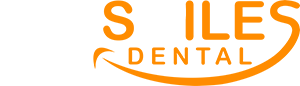 The image is a logo for Bay Smiles Dental, featuring a stylized white smiley face with an orange outline and the text  BAY SMILES DENTAL  in uppercase letters.