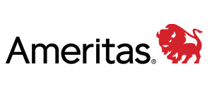 The image is a logo with the word AMERITAS prominently displayed, featuring a stylized letter A in red and a lion graphic on the right side.