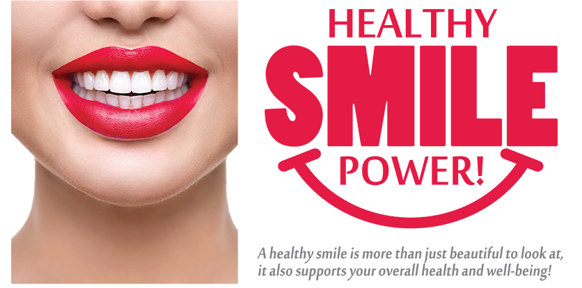 The image features a close-up of a person s face with red lipstick, and there is text overlaying the image that reads  HEALTHY SMILE POWER  in bold letters.